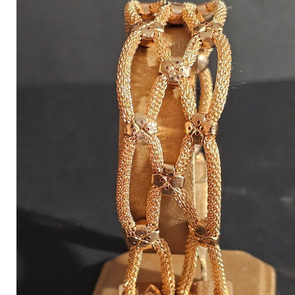 Rose Gold Tone Mesh Lattice Cuff Bracelet with Engraved Magnetic Clasp